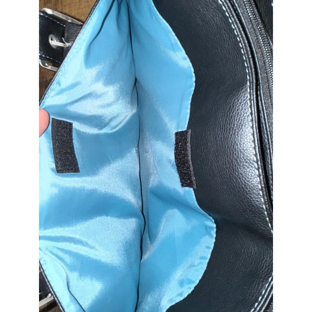 Solo Black Faux Leather Laptop Tote Bag Large Buckle Detail Blue Interior